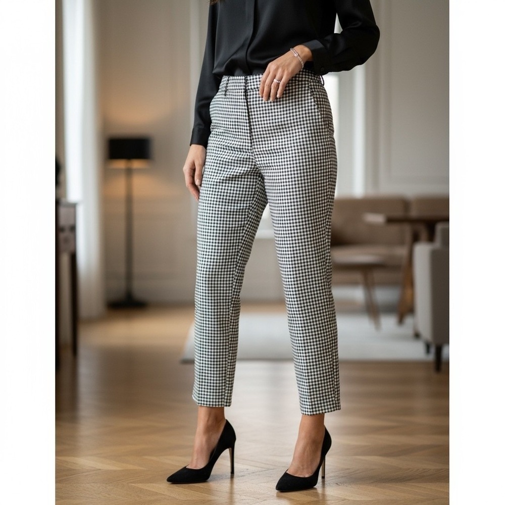 Adrianna Papell Gingham Ankle Pants Womens 14 Black White Check Slim‎ Trousers
